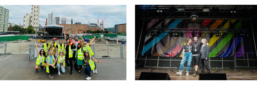 Pics of team pride including Michael Lever, one is in front of the MCR Pride live, one on the Alan Turing stage